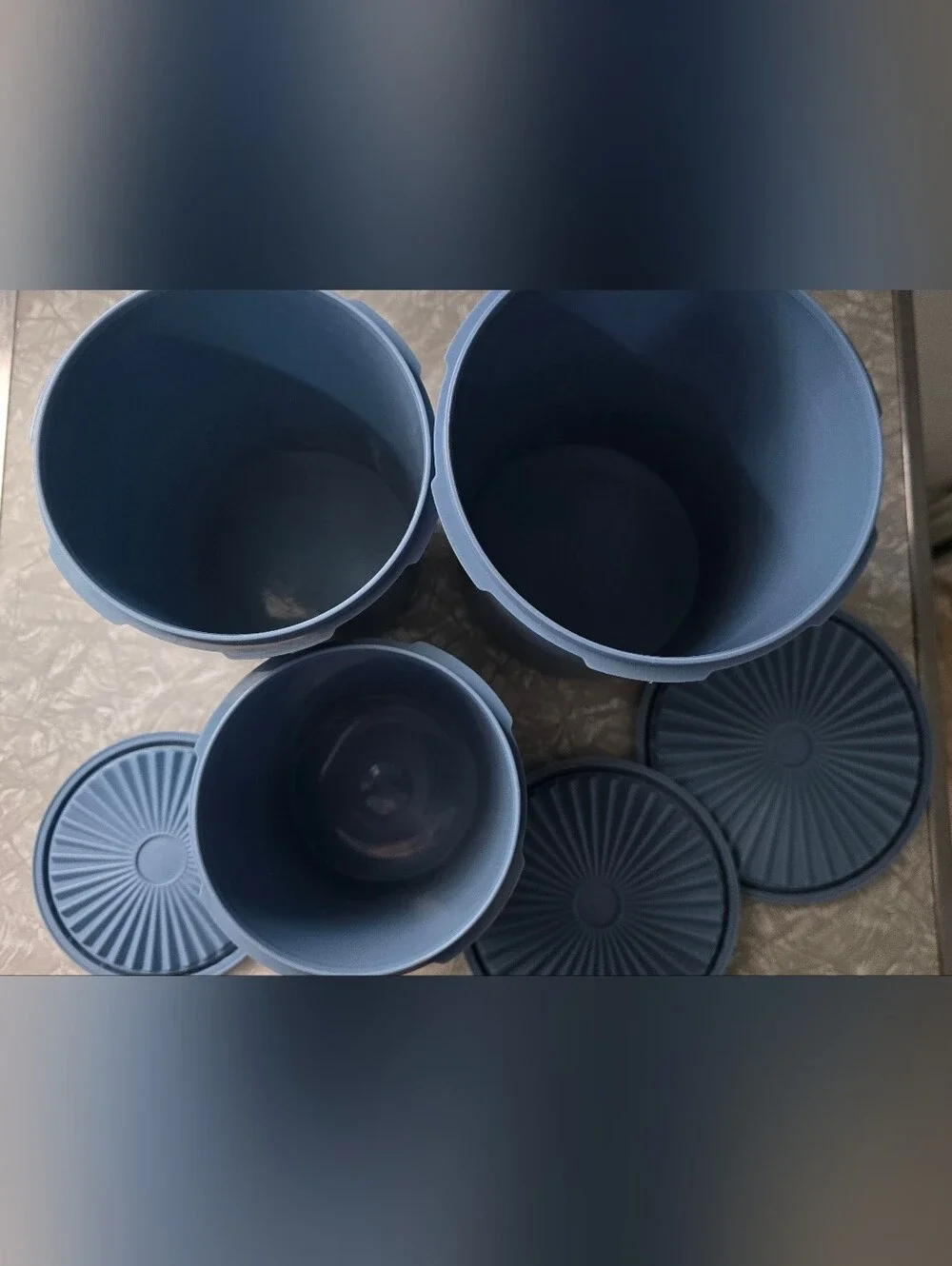 Tupperware Servalier Country Blue Nesting Canisters. Set includes 3 canisters.
